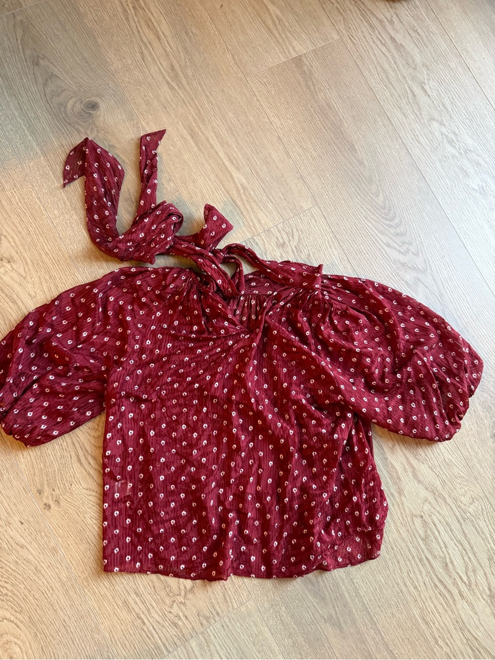 Rebecca Taylor Burgundy Silk Blouse Tie Neck Puff Sleeve Size 10